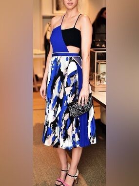 Three Floor Cobalt Interlock Asymmetric Accordion Pleated Midi Dress